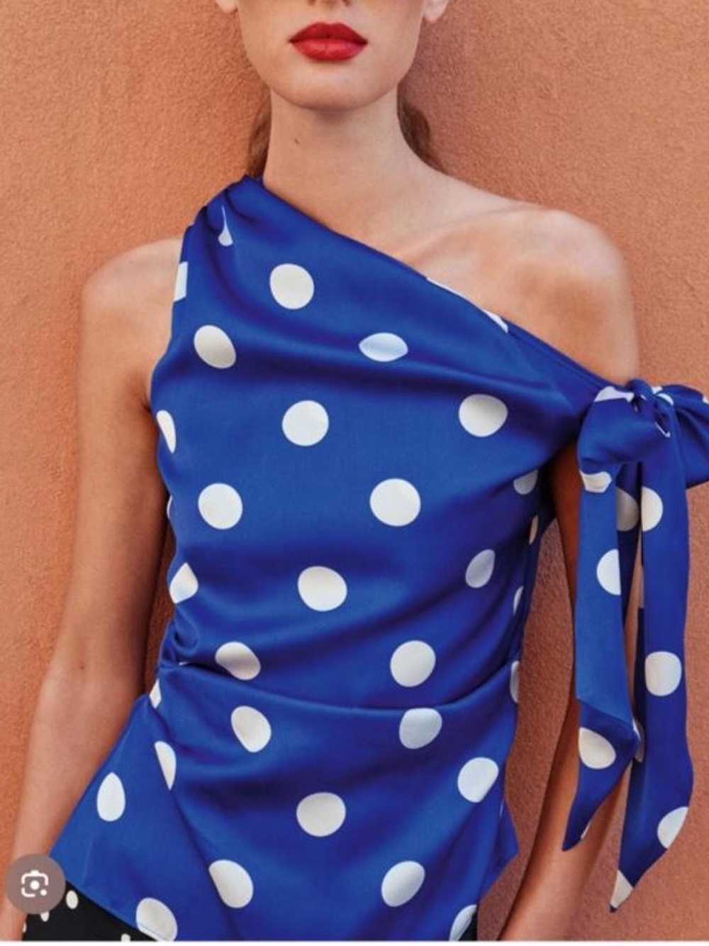Zara Royal Blue and White Polka Dot One-Shoulder Tie Top